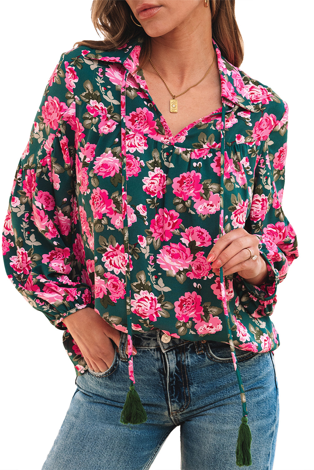 Blue Zone Planet | Green Floral Printed Tied Collar Puff Sleeve Blouse-Tops/Blouses & Shirts-[Adult]-[Female]-2022 Online Blue Zone Planet