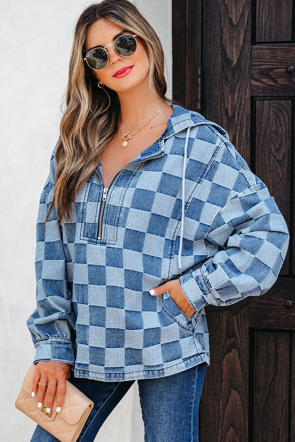Sky Blue Checkerboard Zipped Neck Kangaroo Pocket Denim Hoodie-Tops/Sweatshirts & Hoodies-[Adult]-[Female]-2022 Online Blue Zone Planet
