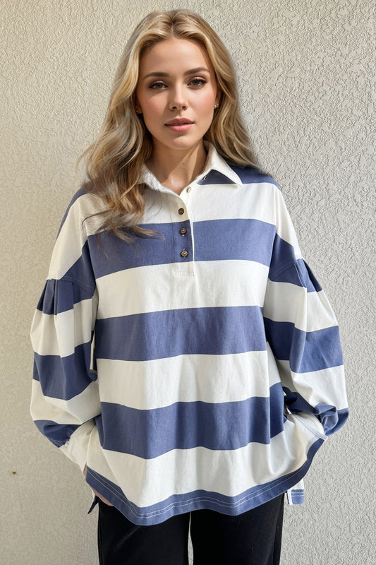Oh Pima Cotton Wash Wide Striped Collared Neck Long Sleeve Top-TOPS / DRESSES-[Adult]-[Female]-Dusty Blue-S-2022 Online Blue Zone Planet