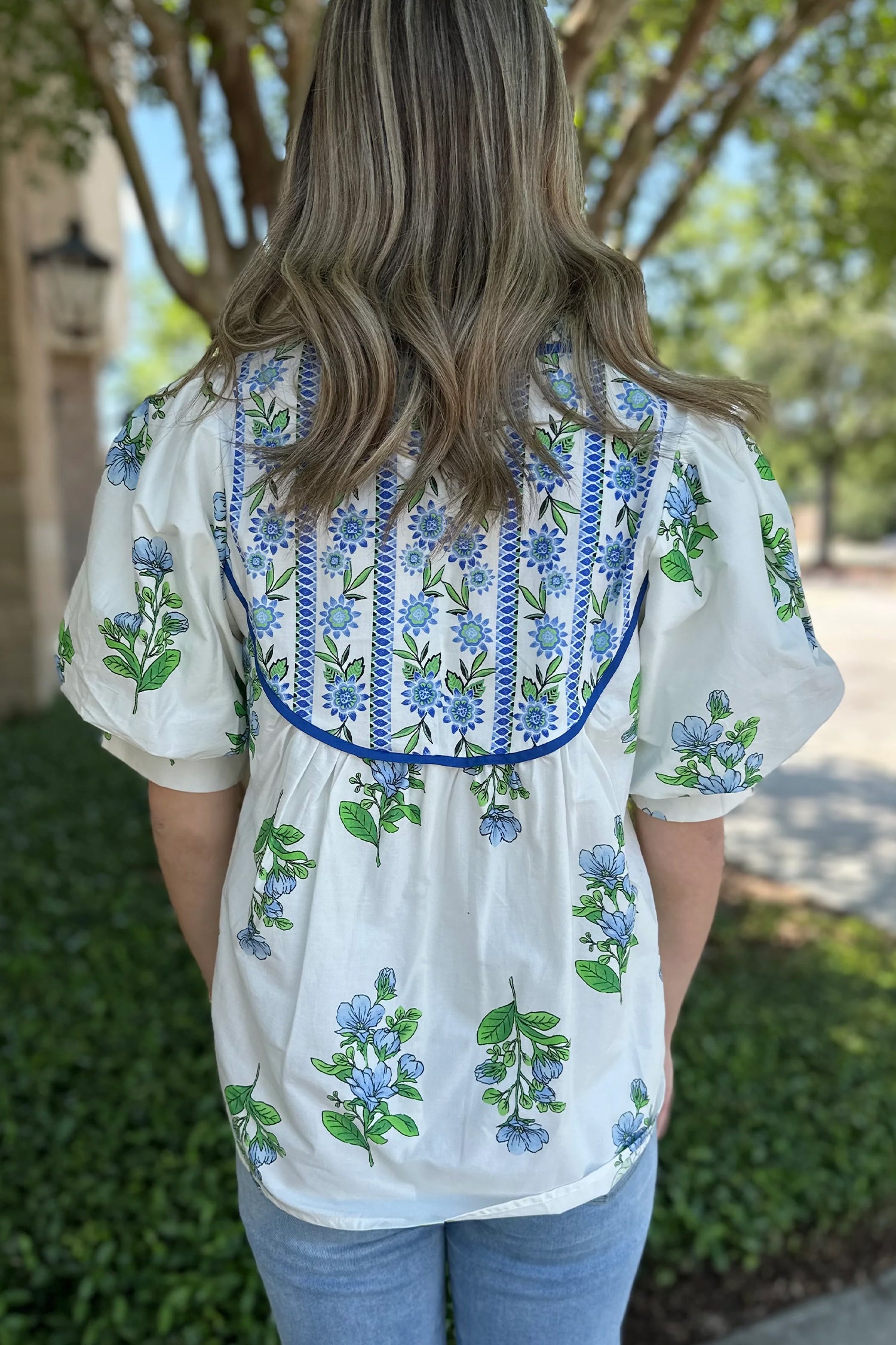 White Floral Print Contrast Trim Tie Neck Blouse-Tops/Blouses & Shirts-[Adult]-[Female]-2022 Online Blue Zone Planet