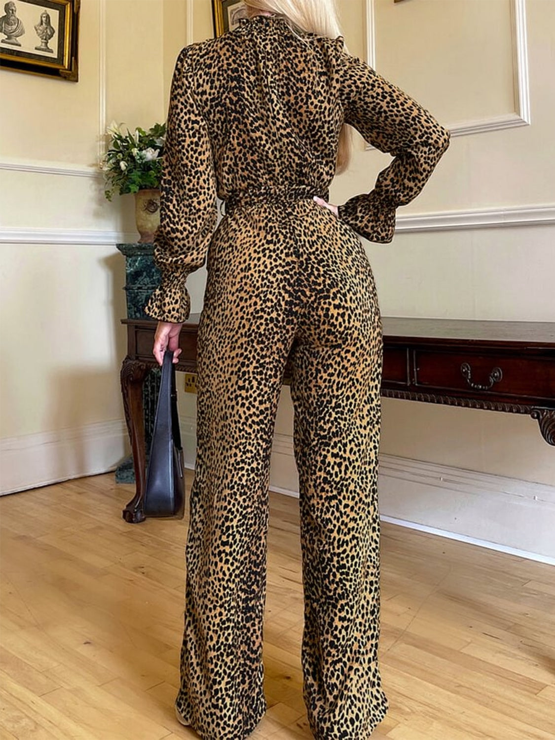 Blue Zone Planet | Leopard Flounce Sleeve Wide Leg Jumpsuit-TOPS / DRESSES-[Adult]-[Female]-2022 Online Blue Zone Planet