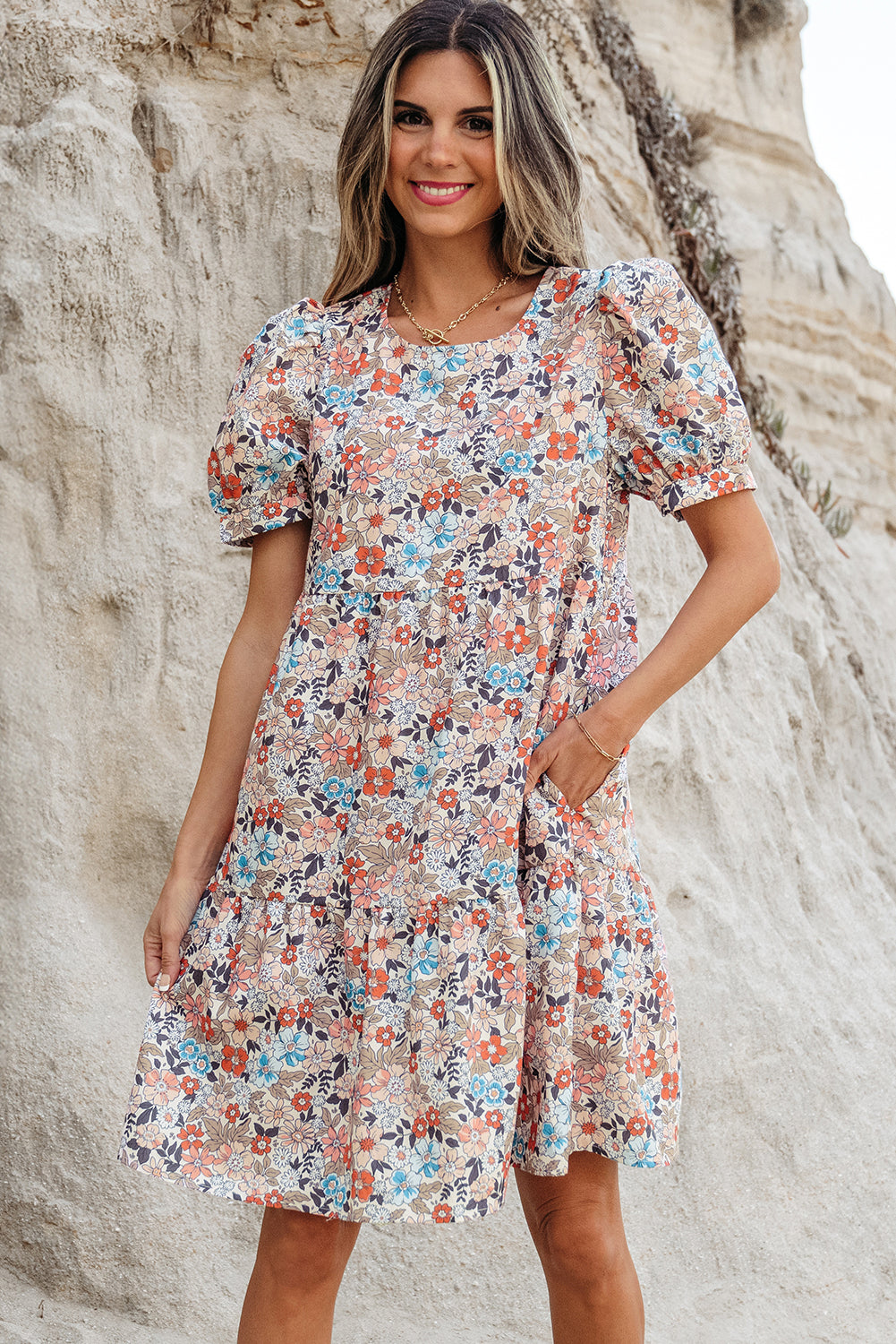 Apricot Bohemian Floral Print Short Puff Sleeve Mini Dress-TOPS / DRESSES-[Adult]-[Female]-Apricot-S-2022 Online Blue Zone Planet