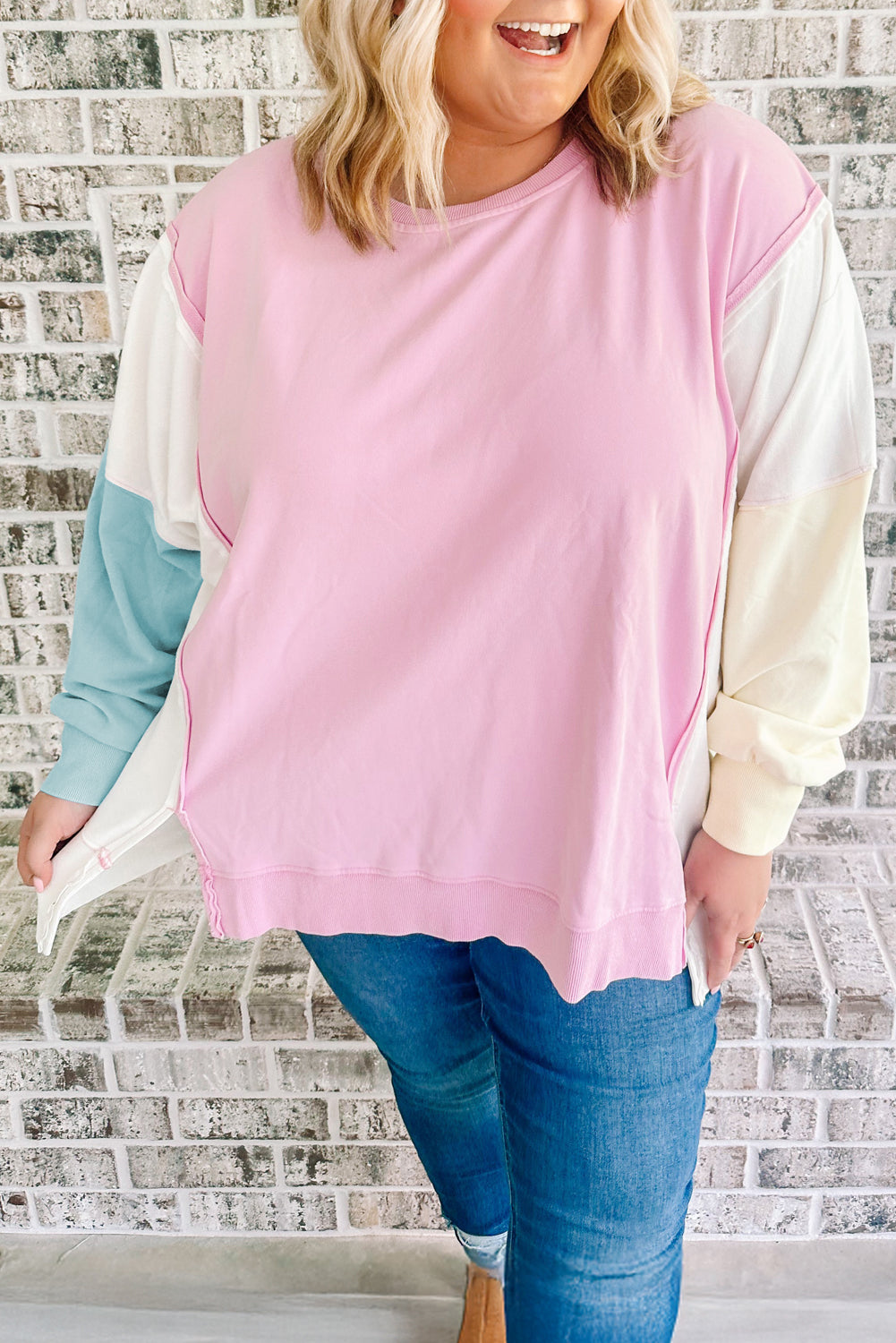 Pink Colorblock Patchwork Drop Shoulder Plus Size Sweatshirt-Plus Size/Plus Size Sweatshirts & Hoodies-[Adult]-[Female]-Pink-1X-2022 Online Blue Zone Planet