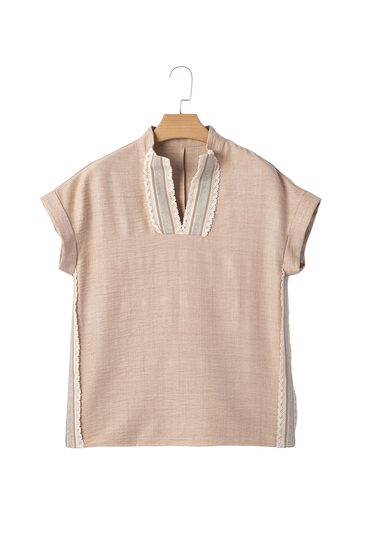 Parchment Crochet Lace Accent Pullover Rolled Short Sleeve Blouse-Tops/Blouses & Shirts-[Adult]-[Female]-2022 Online Blue Zone Planet