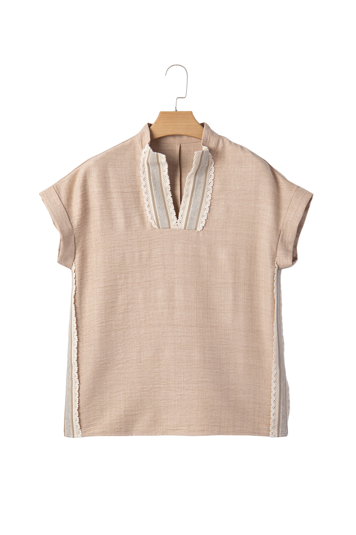 Parchment Crochet Lace Accent Pullover Rolled Short Sleeve Blouse-Tops/Blouses & Shirts-[Adult]-[Female]-2022 Online Blue Zone Planet