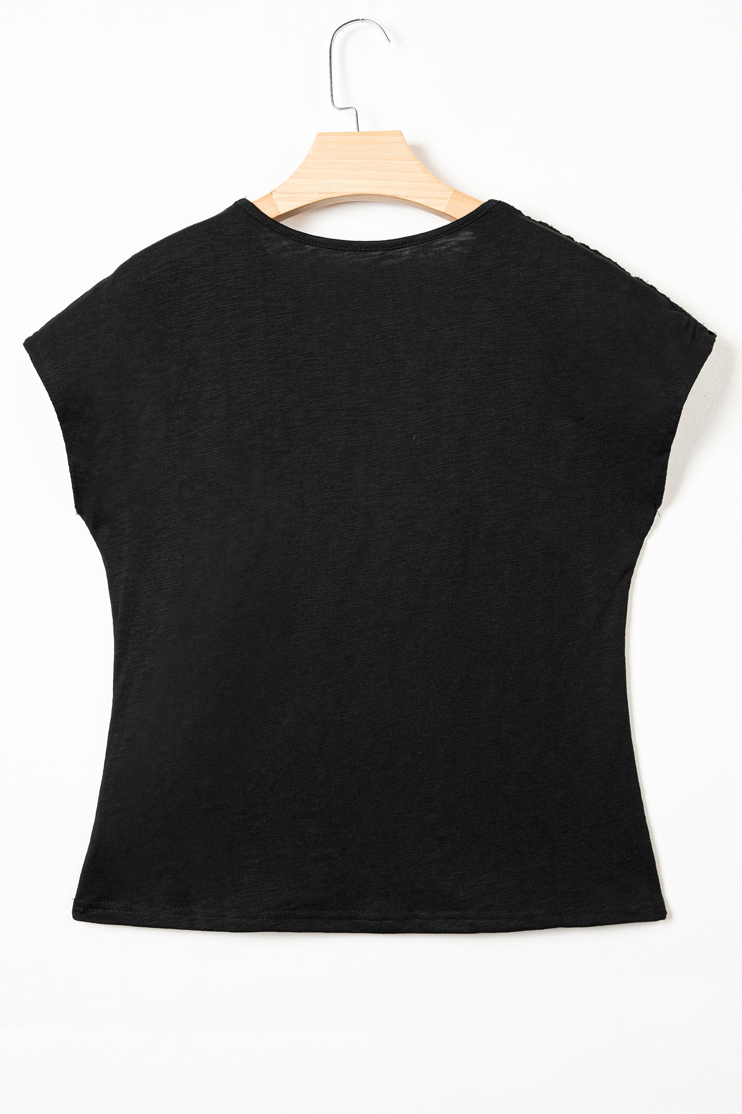 Black Cutout Embroidered Trim V Neck Cap Sleeve Tee-Tops/Tops & Tees-[Adult]-[Female]-2022 Online Blue Zone Planet