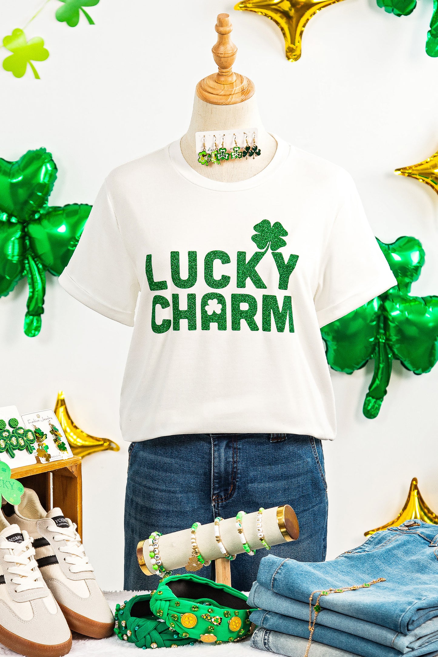 White Lucky Charm Shimmery Print St Patricks Day Clover T Shirt-Graphic/Graphic Tees-[Adult]-[Female]-2022 Online Blue Zone Planet