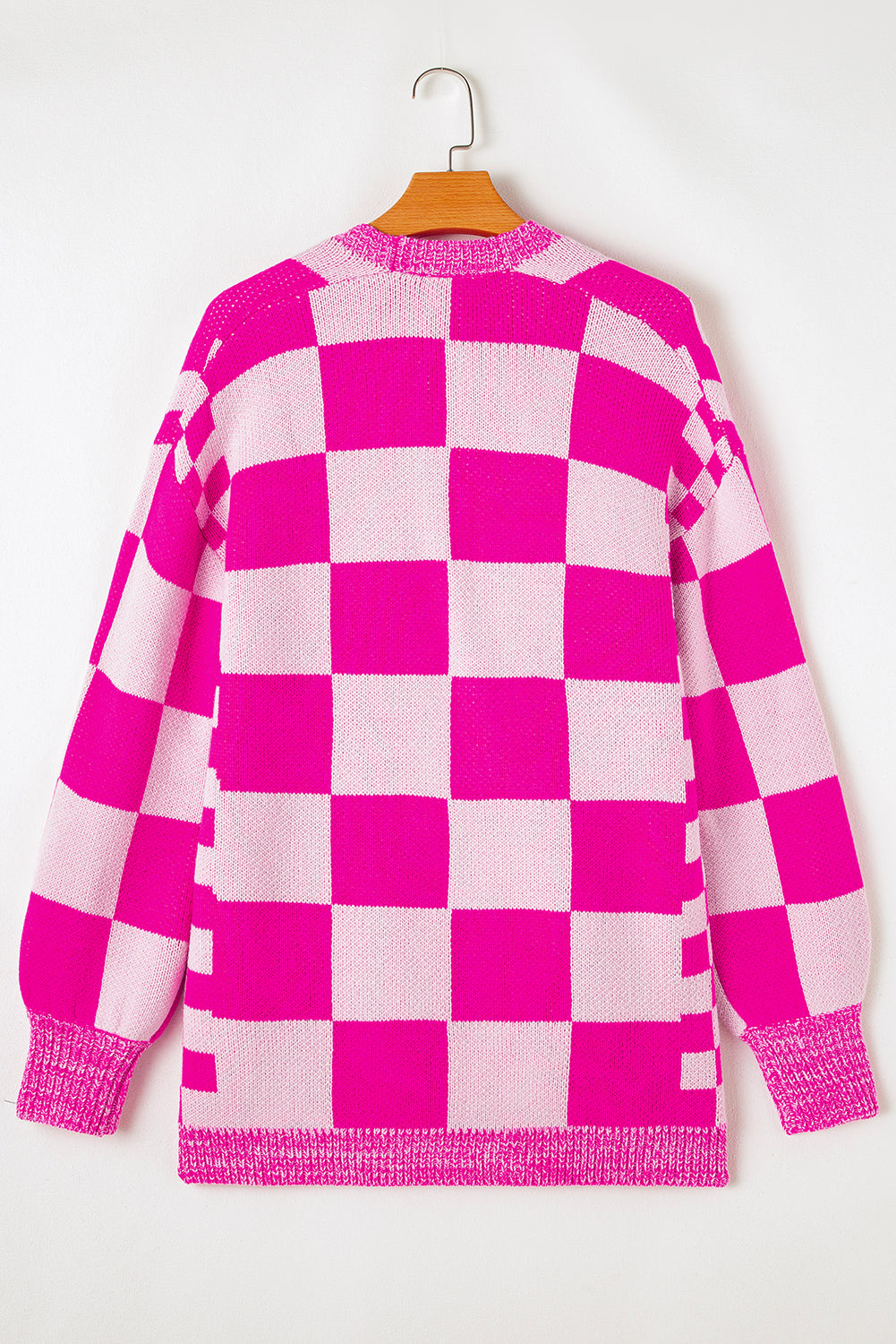 Blue Zone Planet | Rose Red Checkered Printed Ribbed Trim Open Front Cardigan-Cardigans-[Adult]-[Female]-2022 Online Blue Zone Planet