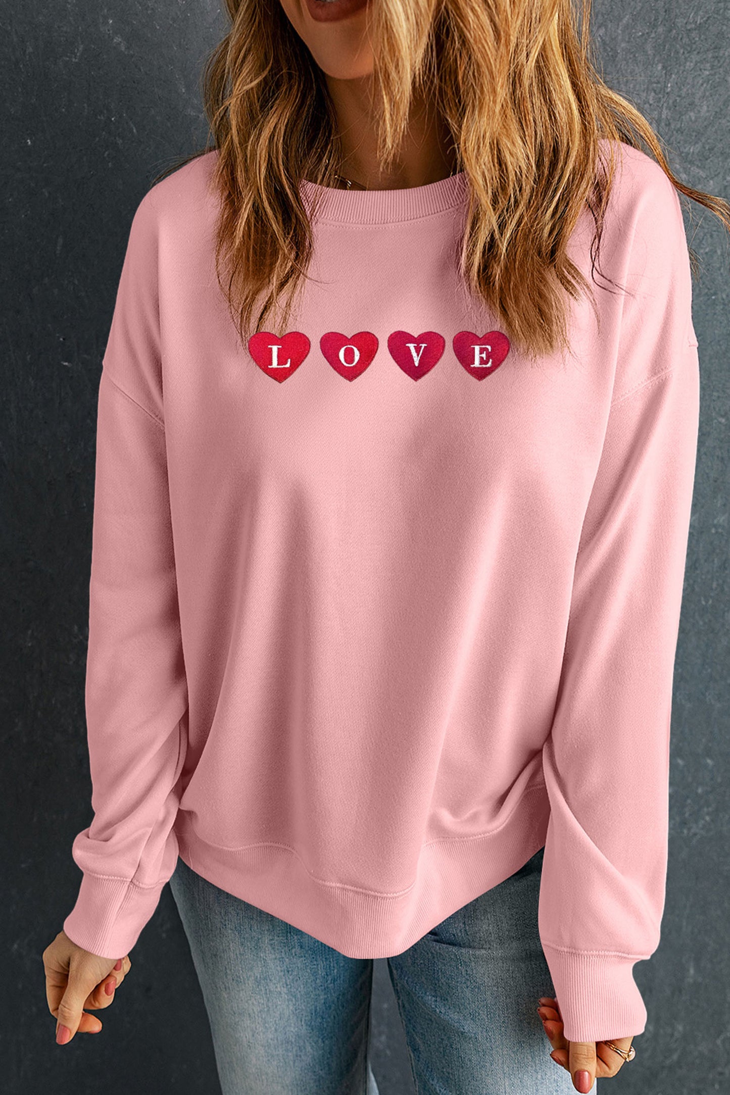 Pink LOVE In Hearts Embroidered Graphic Sweatshirt-Graphic Sweatshirts-[Adult]-[Female]-2022 Online Blue Zone Planet