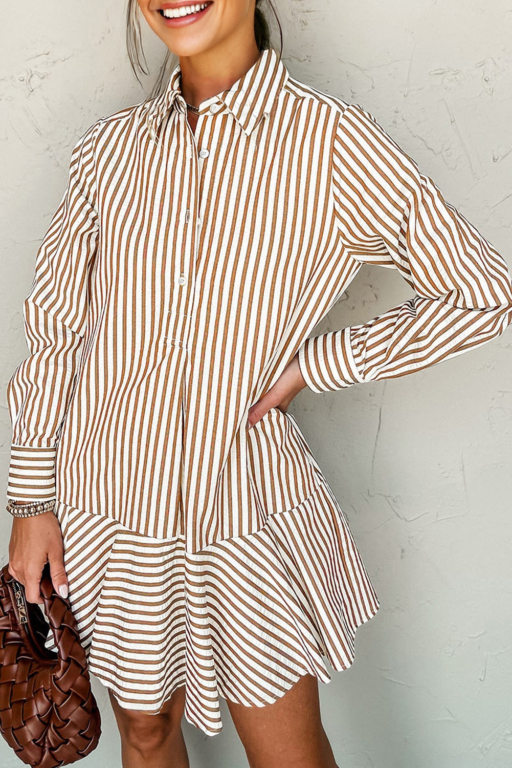 Brown Stripe Ruffled Hem Collared Long Sleeve Shirt Mini Dress-TOPS / DRESSES-[Adult]-[Female]-2022 Online Blue Zone Planet
