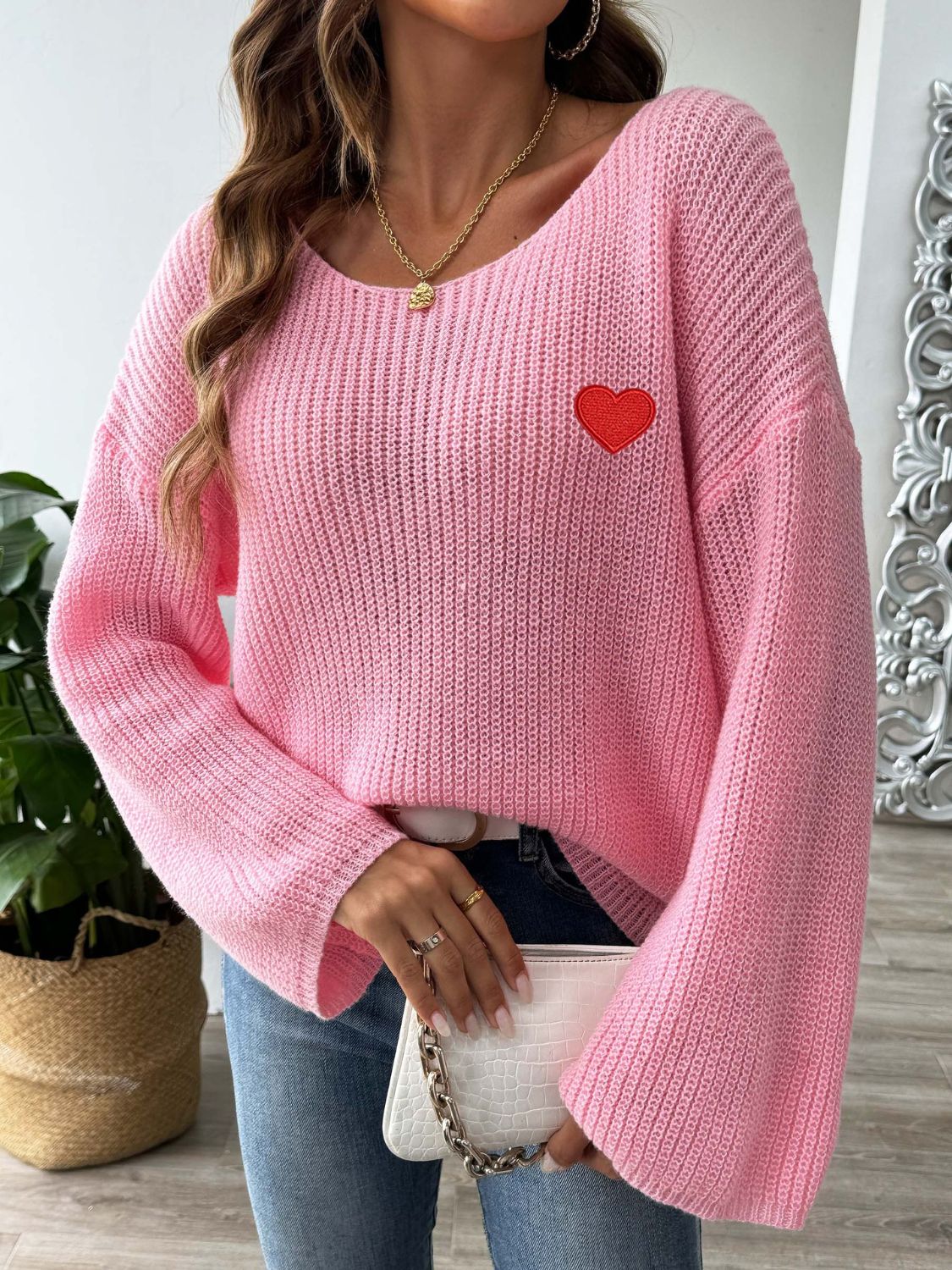 Heart Boat Neck Dropped Shoulder Sweater-TOPS / DRESSES-[Adult]-[Female]-Pink-S-2022 Online Blue Zone Planet