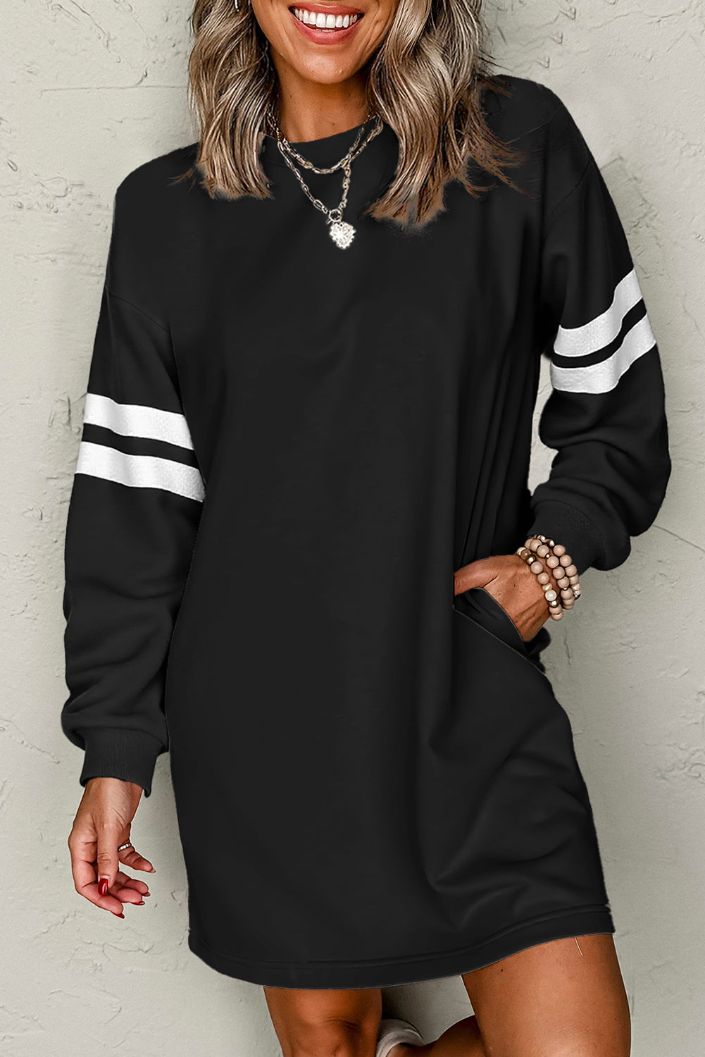 Orange Varsity Contrast Banded Sleeve Shift Sweatshirt Dress-TOPS / DRESSES-[Adult]-[Female]-Black-S-2022 Online Blue Zone Planet