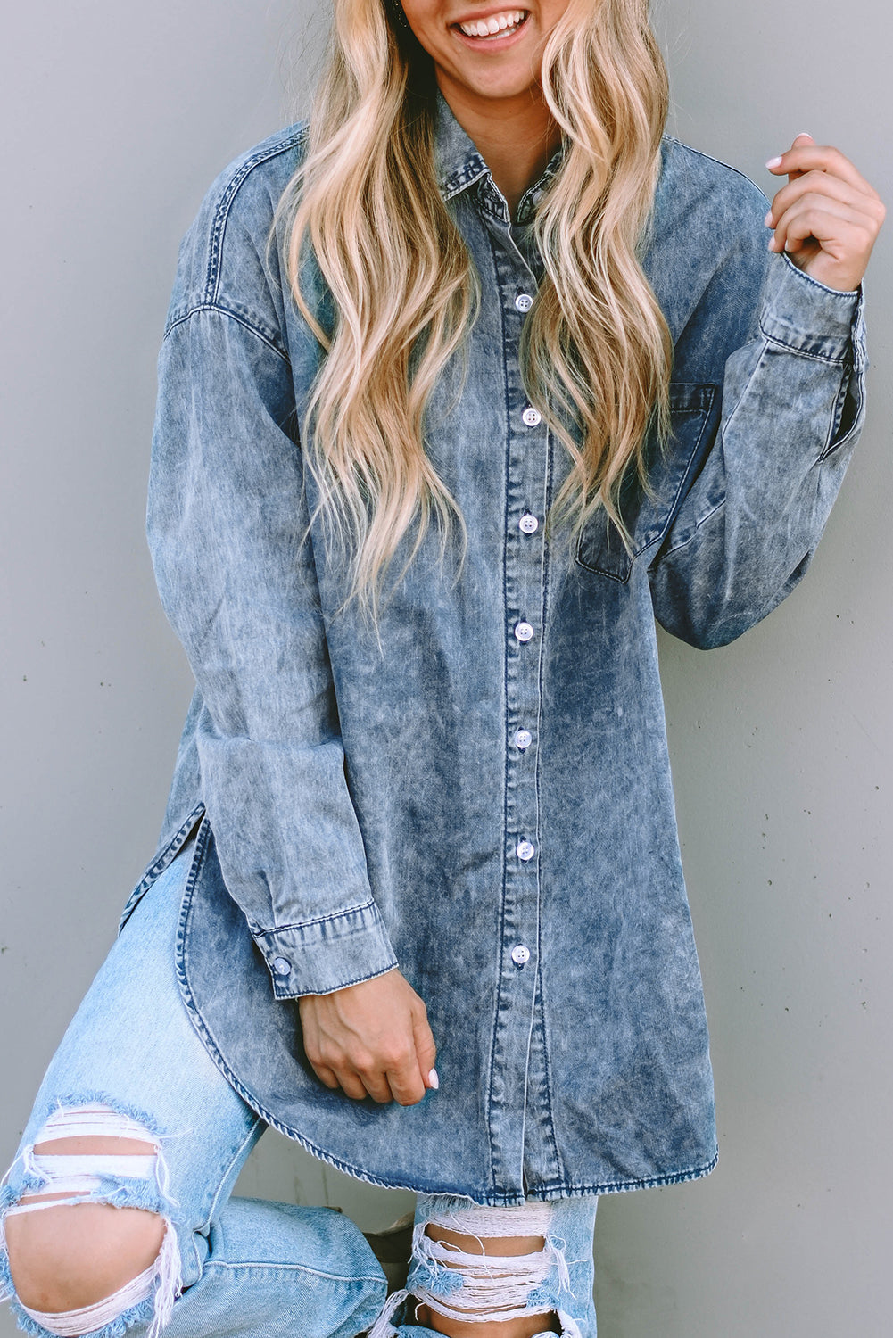 Sky Blue Vintage Washed Chest Pocket Denim Shirt-Sale (50% OFF)/30% OFF-[Adult]-[Female]-2022 Online Blue Zone Planet