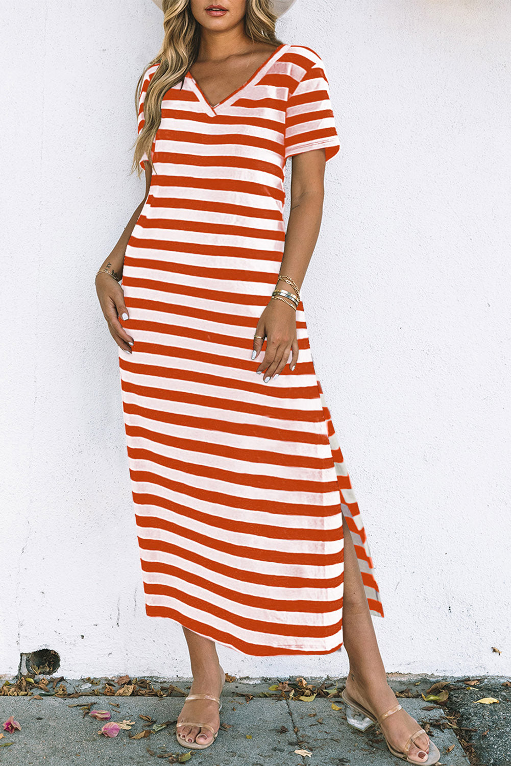 Fiery Red Black Stripe Print V Neck Maxi Dress with Side Splits-Dresses/T Shirt Dresses-[Adult]-[Female]-Fiery Red-S-2022 Online Blue Zone Planet