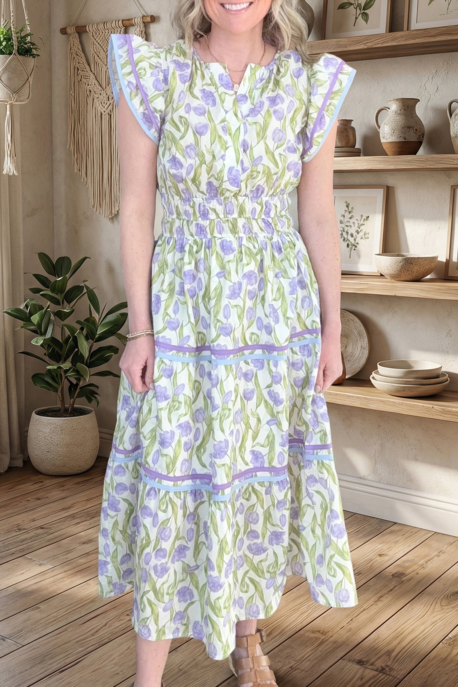 Purple Tulip Floral Print Contrast Trim Midi Dress-Dresses/Floral Dresses-[Adult]-[Female]-Purple-S-2022 Online Blue Zone Planet