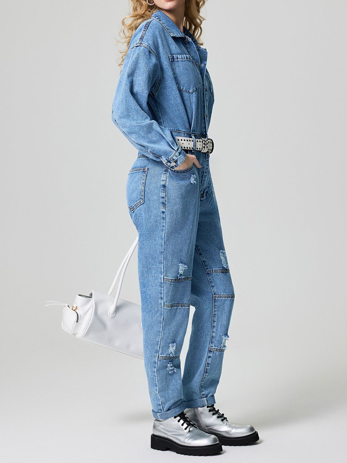 Distressed Button Down Drop Shoulder Denim Jumpsuit-TOPS / DRESSES-[Adult]-[Female]-2022 Online Blue Zone Planet