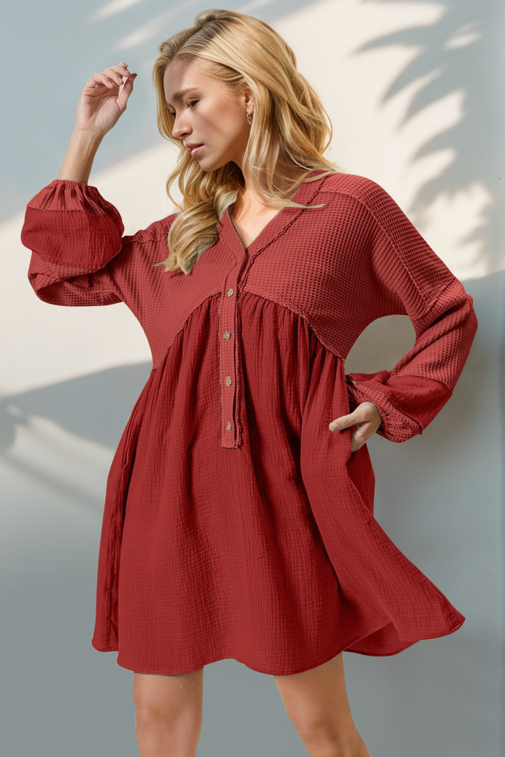 Double Take Waffle-Knit Contrast Half Button V-Neck Long Sleeve Mini Dress-TOPS / DRESSES-[Adult]-[Female]-Red-S-2022 Online Blue Zone Planet