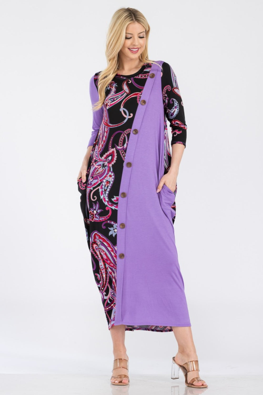 Celeste Full Size Paisley Contrast Midi Dress with Pockets-TOPS / DRESSES-[Adult]-[Female]-2022 Online Blue Zone Planet