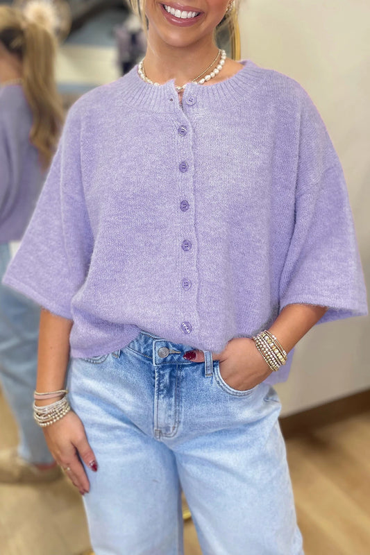Lavendula 3/4 Sleeve Boxy Knit Button Down Sweater Cardigan-TOPS / DRESSES-[Adult]-[Female]-Lavendula-S-2022 Online Blue Zone Planet