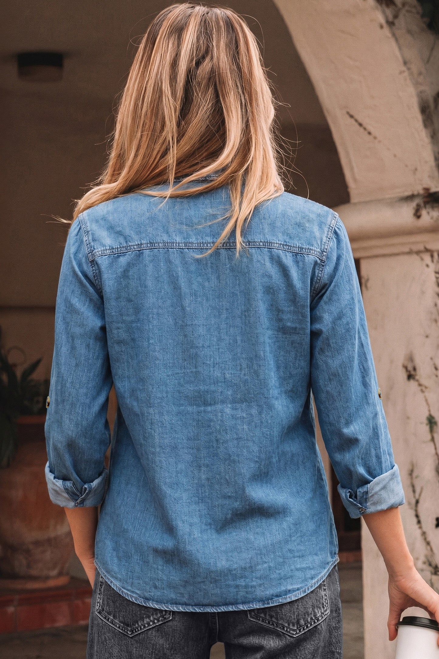 Myosotis Buttoned Down Slim Denim Shirt-Tops/Blouses & Shirts-[Adult]-[Female]-2022 Online Blue Zone Planet