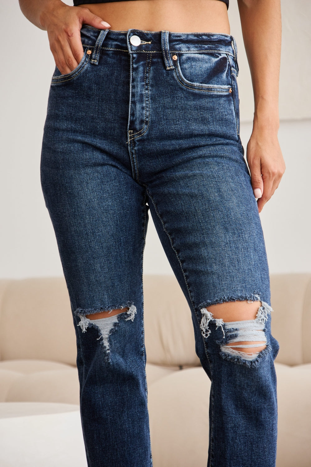 RFM Crop Dylan Full Size Tummy Control Distressed High Waist Raw Hem Jeans-BOTTOM SIZES SMALL MEDIUM LARGE-[Adult]-[Female]-2022 Online Blue Zone Planet