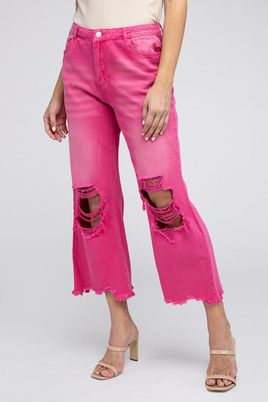 Distressed Vintage Washed Wide Leg Pants-[Adult]-[Female]-FUCHSIA-S-2022 Online Blue Zone Planet