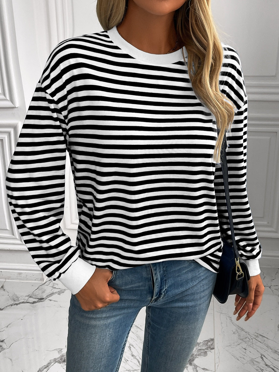 Ivy Lane Striped Round Neck Long Sleeve Sweatshirt-TOPS / DRESSES-[Adult]-[Female]-Black-S-2022 Online Blue Zone Planet