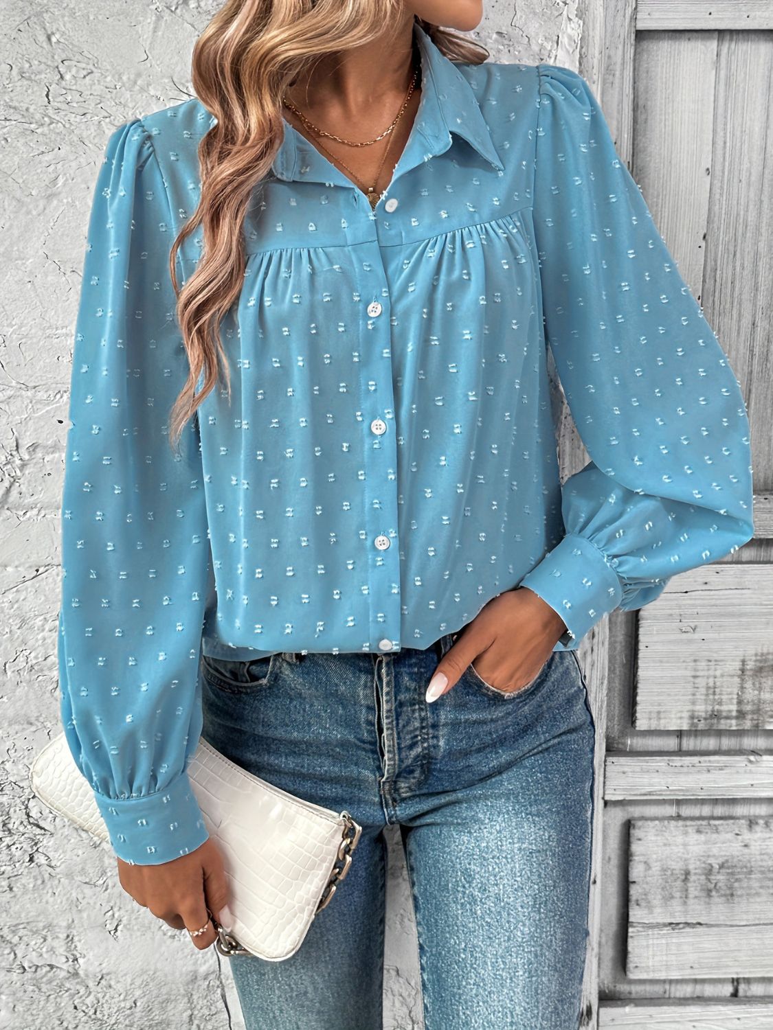 Full Size Swiss Dot Collared Neck Long Sleeve Shirt-TOPS / DRESSES-[Adult]-[Female]-Sky Blue-S-2022 Online Blue Zone Planet