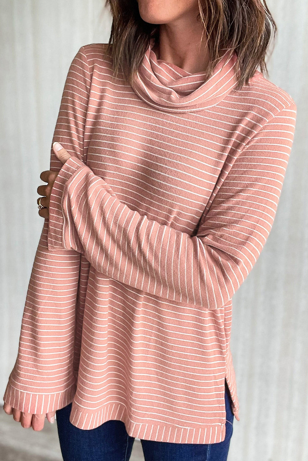 Pink Stripe Cowl Neck Side Slits Loose Fit Long Sleeve Top-Tops/Long Sleeve Tops-[Adult]-[Female]-Pink Stripe-S-2022 Online Blue Zone Planet