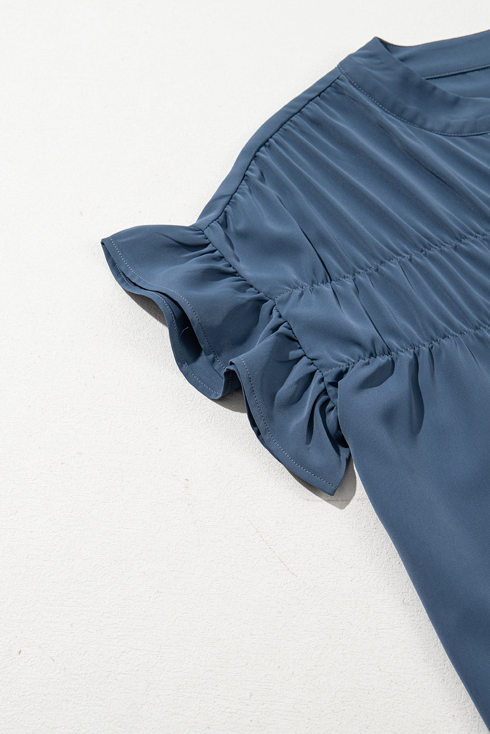 Real Teal Solid Color Ruffle Ruched Short Sleeve Buttoned Shirt-Tops/Blouses & Shirts-[Adult]-[Female]-2022 Online Blue Zone Planet
