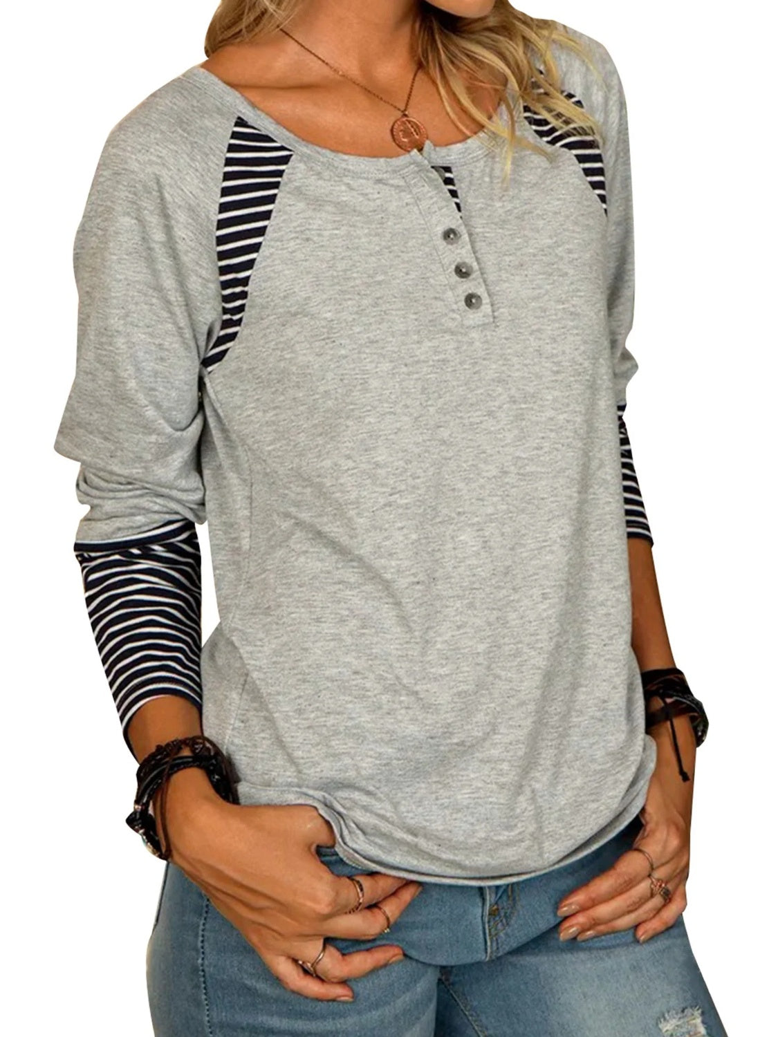 Full Size Striped Quarter Button Long Sleeve T-Shirt-TOPS / DRESSES-[Adult]-[Female]-2022 Online Blue Zone Planet