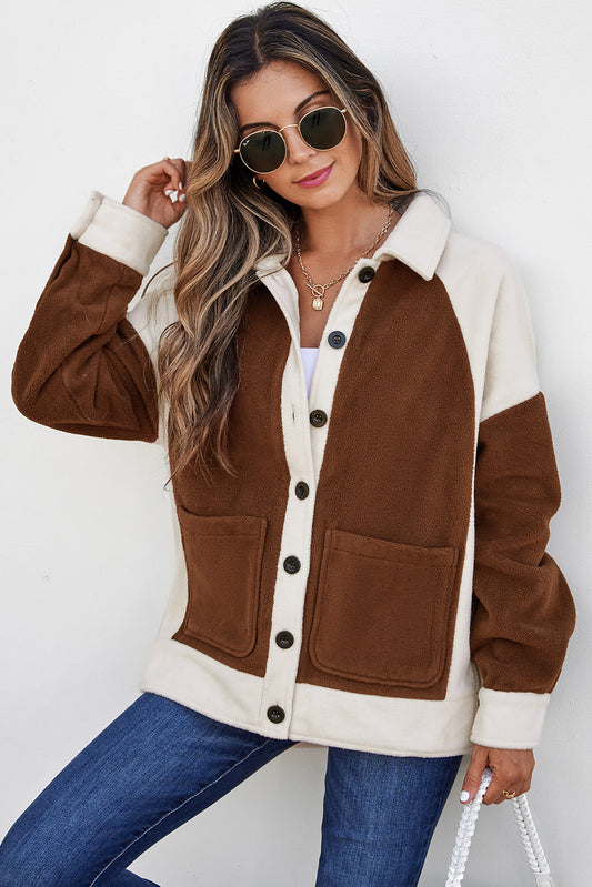 Brown Color Block Patchwork Button Down Fleece Shacket-Outerwear/Jackets-[Adult]-[Female]-Brown-S-2022 Online Blue Zone Planet