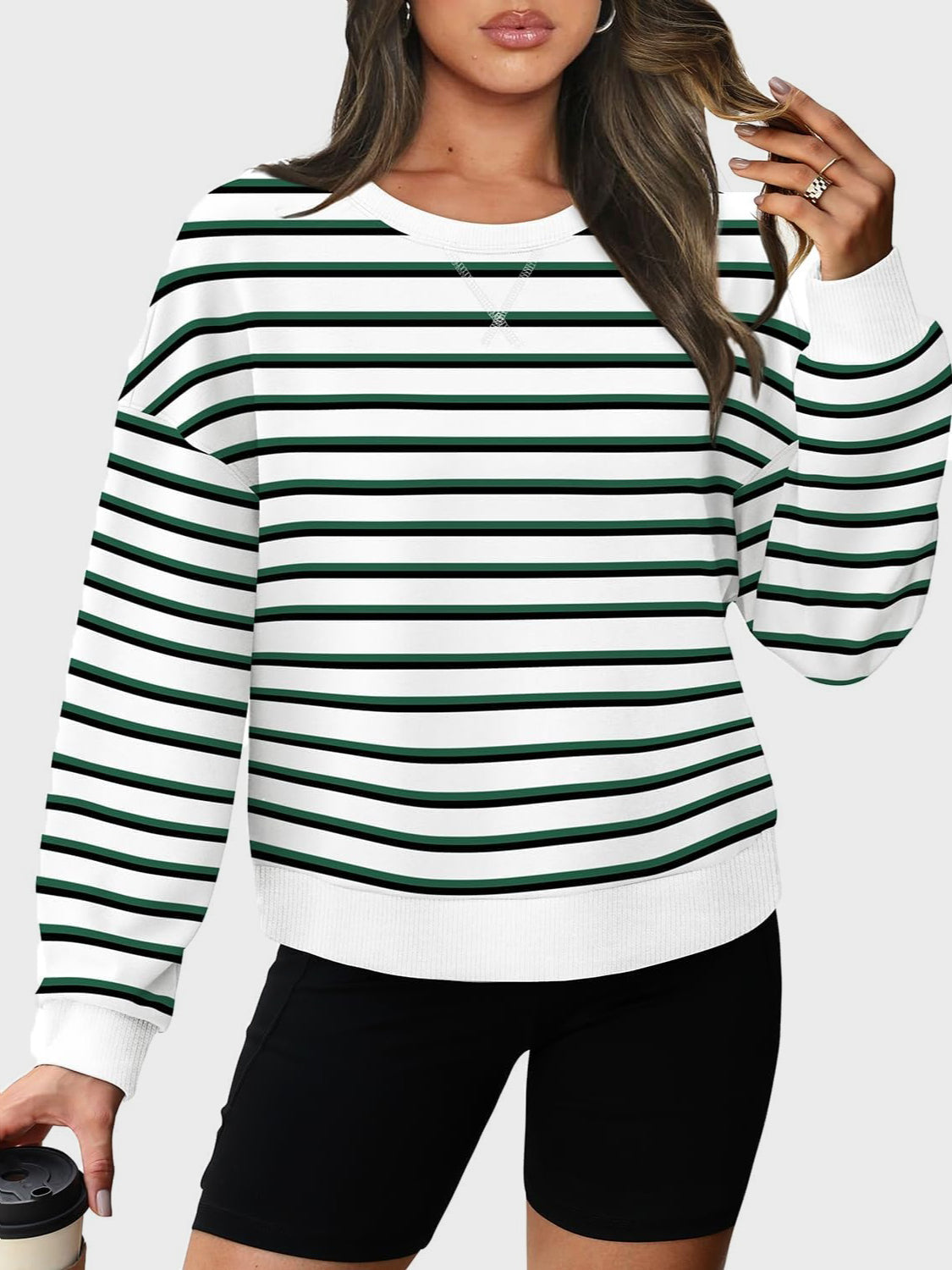 Lovelet Striped Round Neck Long Sleeve Sweatshirt-TOPS / DRESSES-[Adult]-[Female]-Dark Green-S-2022 Online Blue Zone Planet