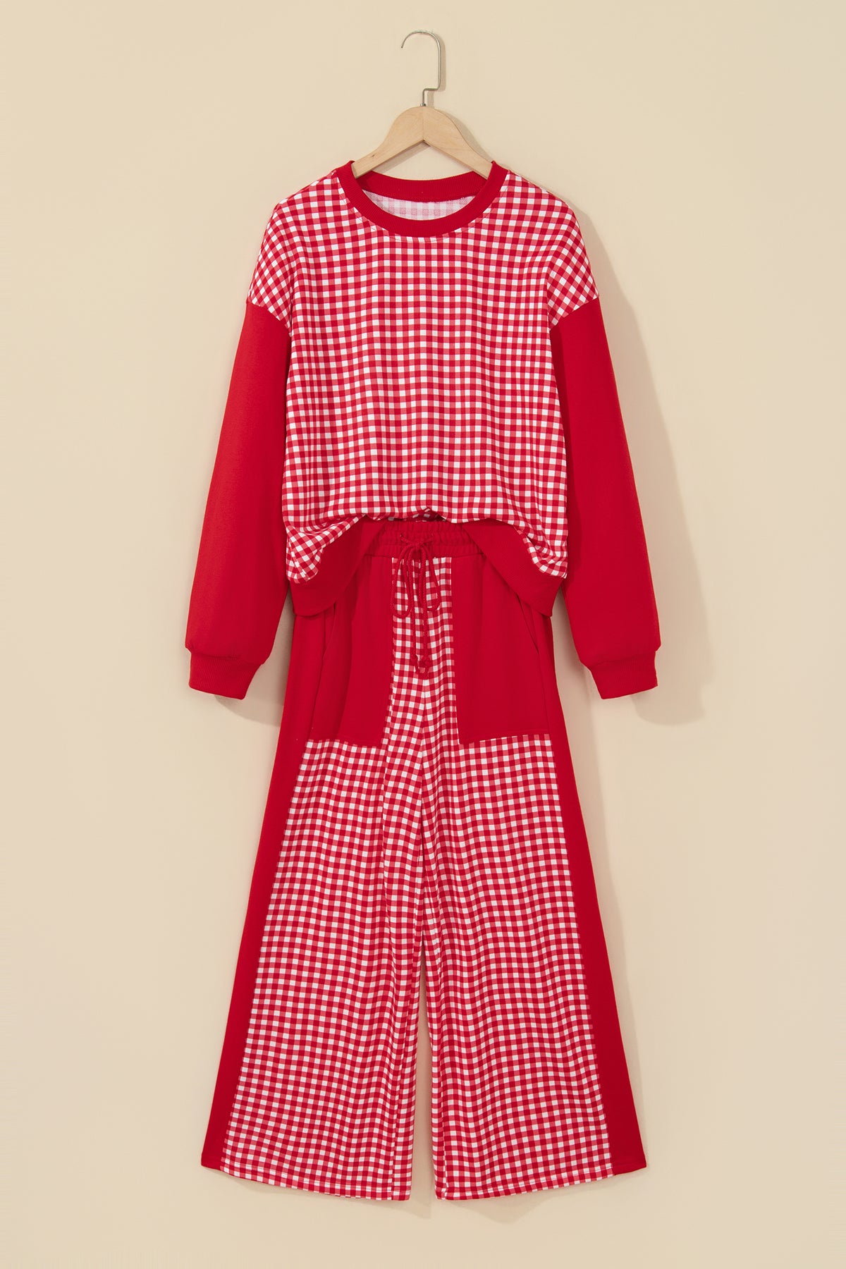 Khaki Color Block Plaid Patchwork Long Sleeve Pullover Wide Leg Pant Set-Two Piece Sets/Pant Sets-[Adult]-[Female]-2022 Online Blue Zone Planet