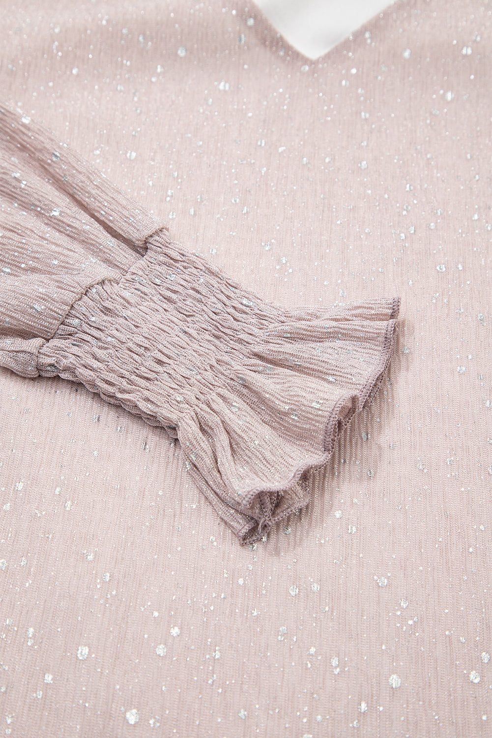 Light Pink V Neck Sequin Plisse Long Sleeve Blouse-Tops/Blouses & Shirts-[Adult]-[Female]-2022 Online Blue Zone Planet