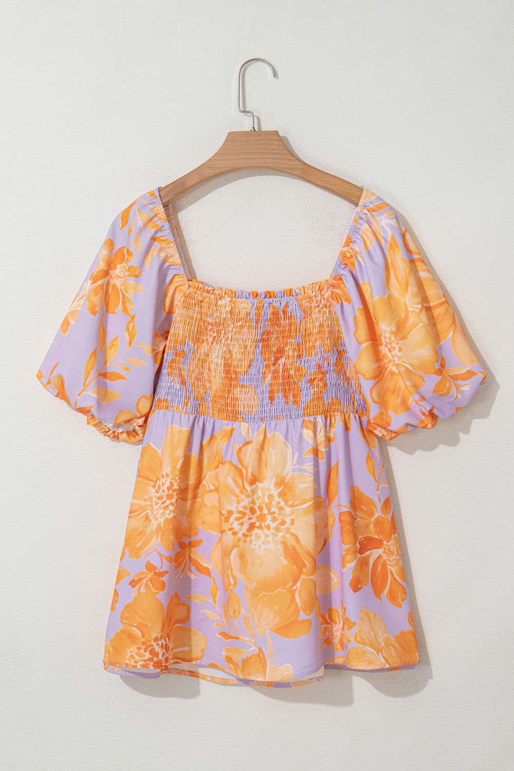 Purple Floral Puff Sleeve Square Neck Smocked Plus Size Babydoll Blouse-Plus Size/Plus Size Tops/Plus Size Blouses & Shirts-[Adult]-[Female]-2022 Online Blue Zone Planet