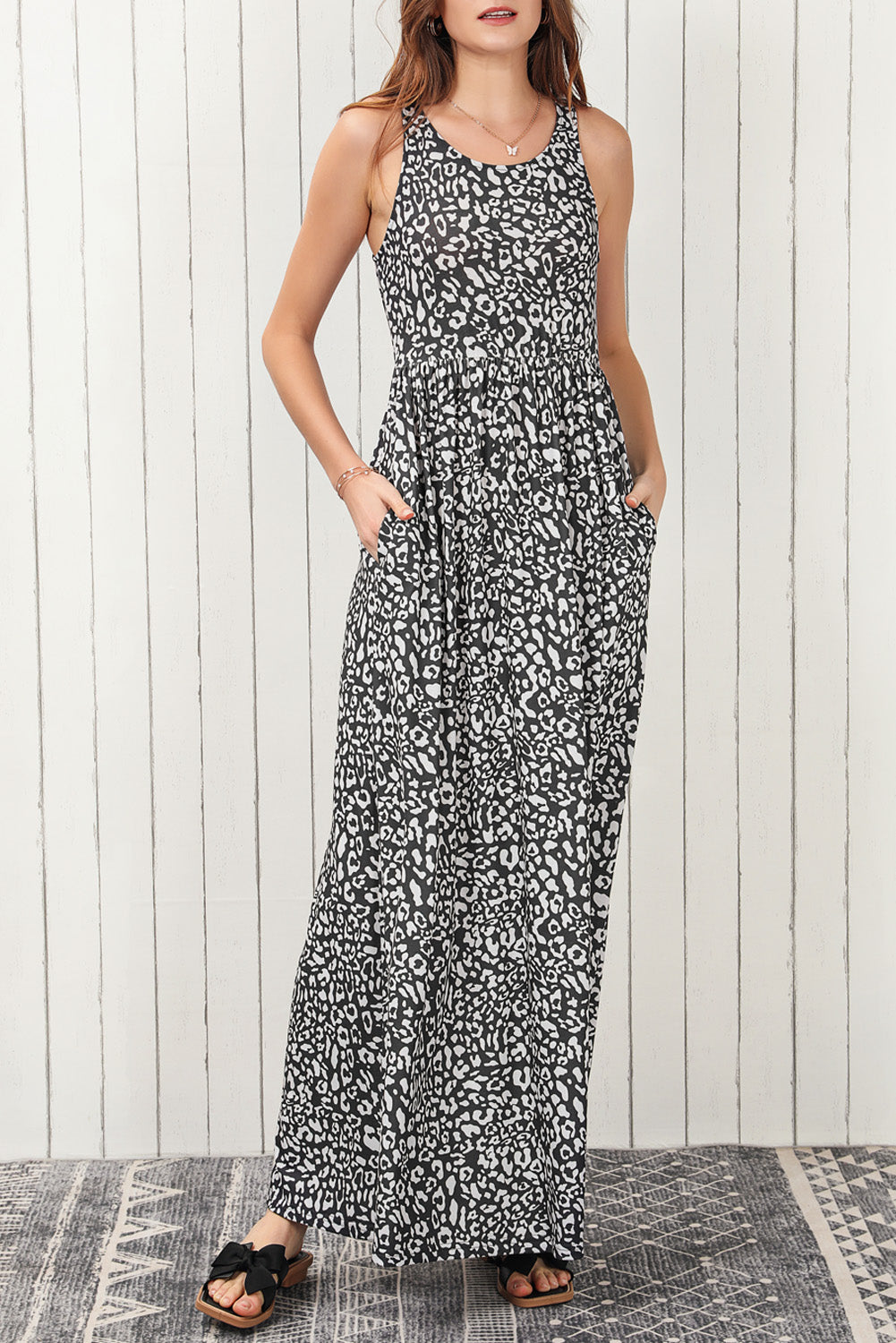 Blue Zone Planet | Gray Leopard Print Pocketed Sleeveless Maxi Dress-TOPS / DRESSES-[Adult]-[Female]-Gray-S-2022 Online Blue Zone Planet