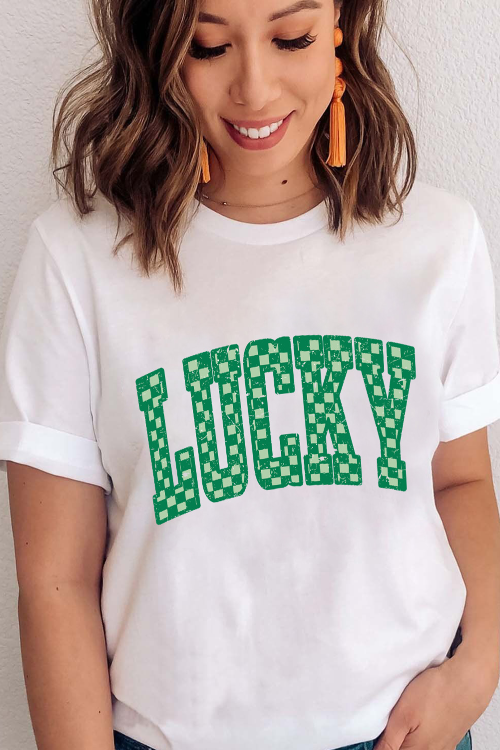 White Checkerboard LUCKY Graphic St Patrick Tee-Graphic Tees-[Adult]-[Female]-2022 Online Blue Zone Planet