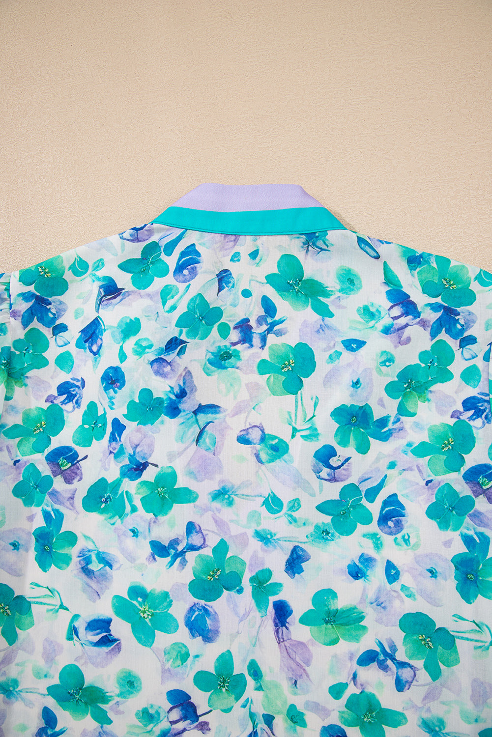 Green Floral Print Striped Trim Split V Neck Puff Short Sleeve Blouse-Tops/Blouses & Shirts-[Adult]-[Female]-2022 Online Blue Zone Planet