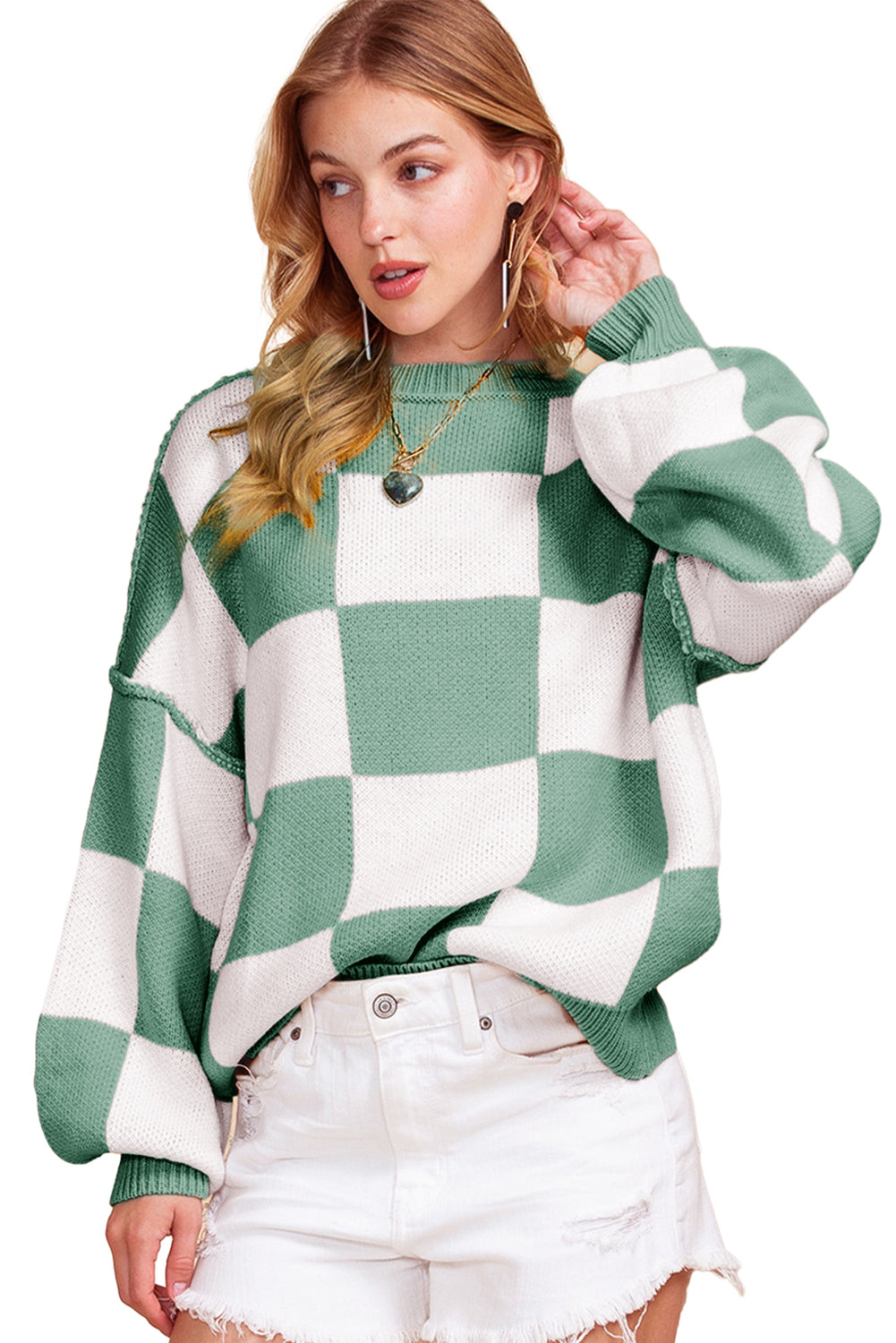 Blue Zone Planet | Pink Checked Bishop Sleeve Pullover Sweater-Sweaters-[Adult]-[Female]-2022 Online Blue Zone Planet