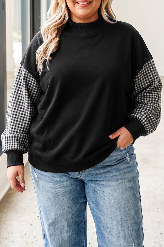 Black Patchwork Plaid Loose Fit Long Sleeve Plus Size Sweatshirt-Plus Size/Plus Size Sweatshirts & Hoodies-[Adult]-[Female]-Black-1X-2022 Online Blue Zone Planet