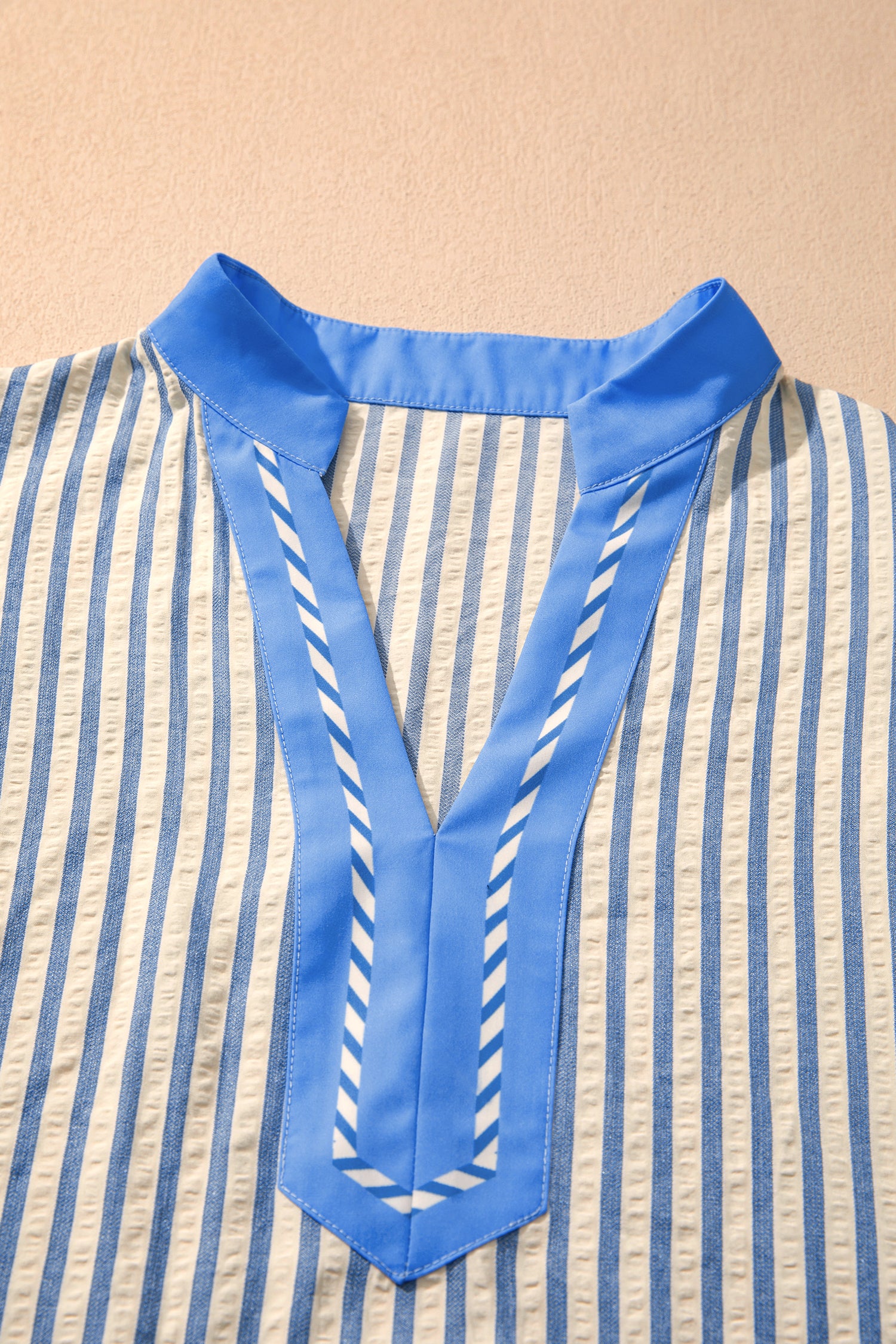Sky Blue Stripe Color Block Detail V Neck Short Sleeve Blouse-Tops/Blouses & Shirts-[Adult]-[Female]-2022 Online Blue Zone Planet