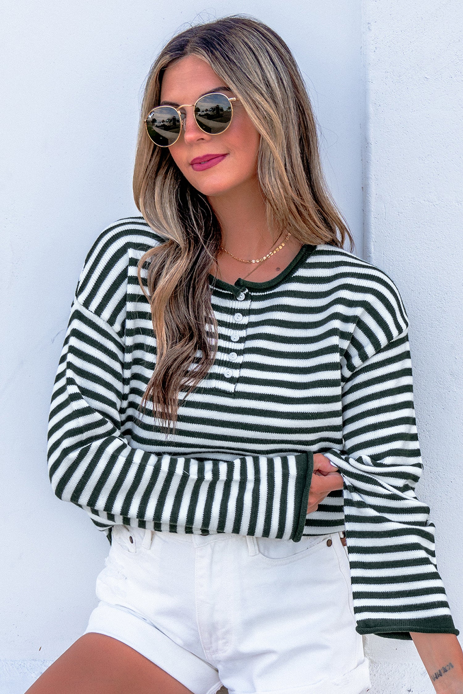 Green Stripe Striped Button Placket Drop Shoulder Long Sleeve Sweater-Sweaters & Cardigans/Sweaters-[Adult]-[Female]-2022 Online Blue Zone Planet