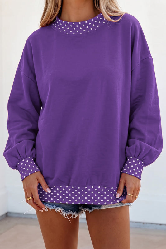 Tillandsia Purple Colorblock Polka Dot Contrast Trim Oversized Sweatshirt-Tops/Sweatshirts & Hoodies-[Adult]-[Female]-Tillandsia Purple-S-2022 Online Blue Zone Planet
