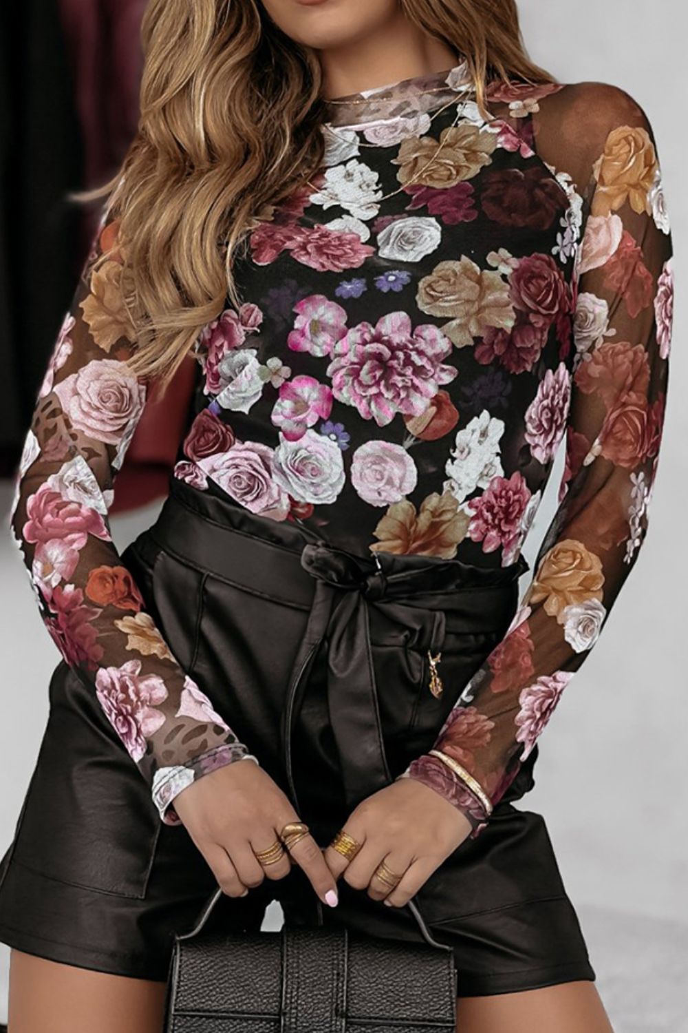 Floral Mock Neck Long Sleeve Mesh Top-TOPS / DRESSES-[Adult]-[Female]-2022 Online Blue Zone Planet