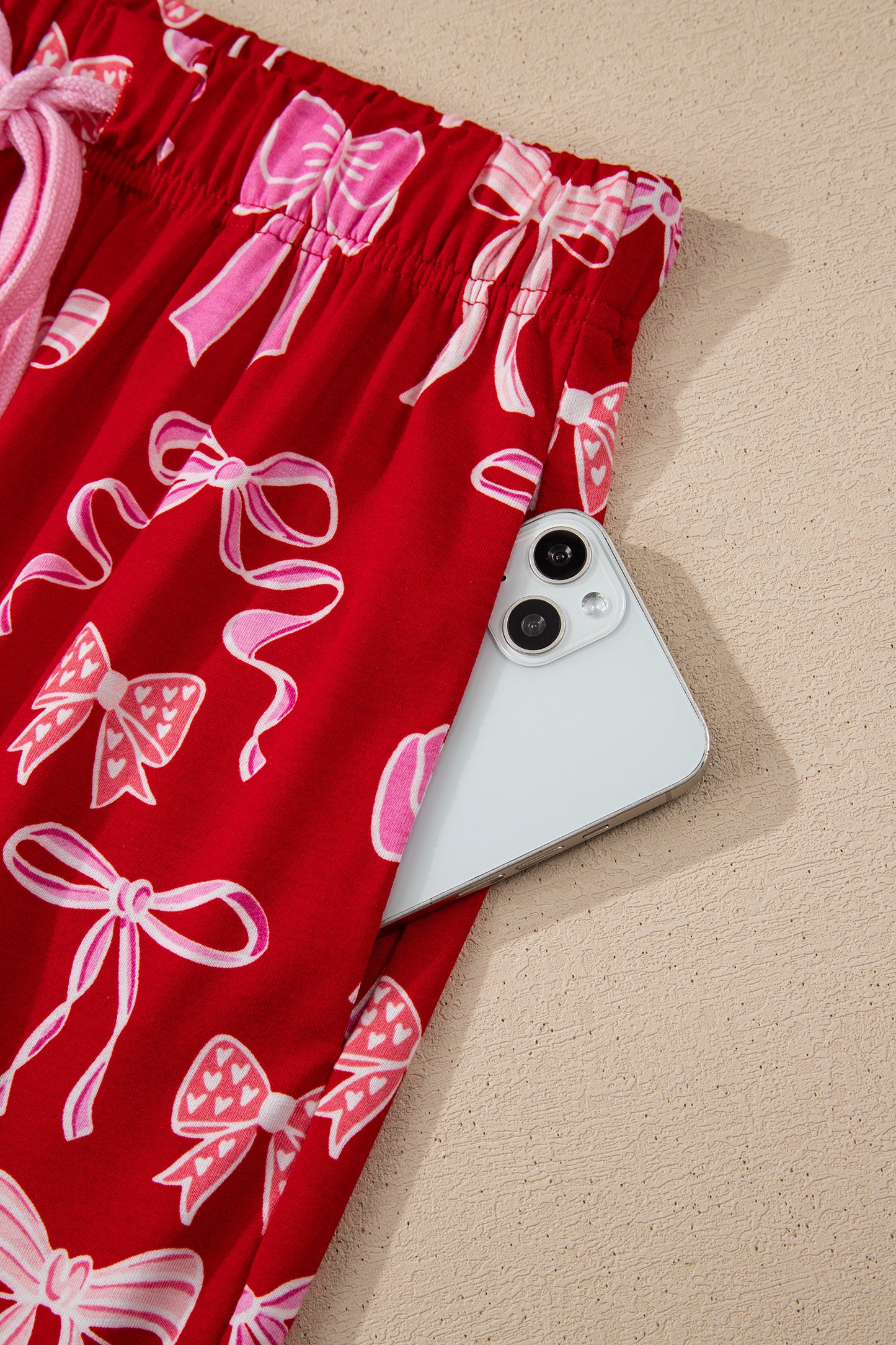 Red Sweet Bow Print Shirt Style Top Long 2pcs Pajama Set-Loungewear & Sleepwear/Sleepwear-[Adult]-[Female]-2022 Online Blue Zone Planet