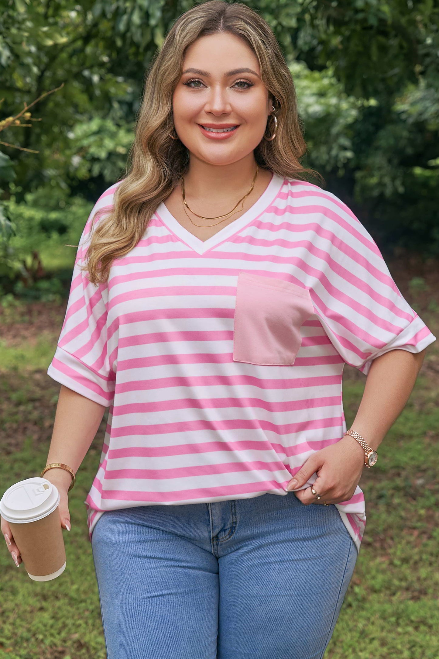 Pink Stripe Colorblock Patched Pocket V Neck Plus Size Tee-Plus Size/Plus Size Tops/Plus Size Tops & Tees-[Adult]-[Female]-2022 Online Blue Zone Planet
