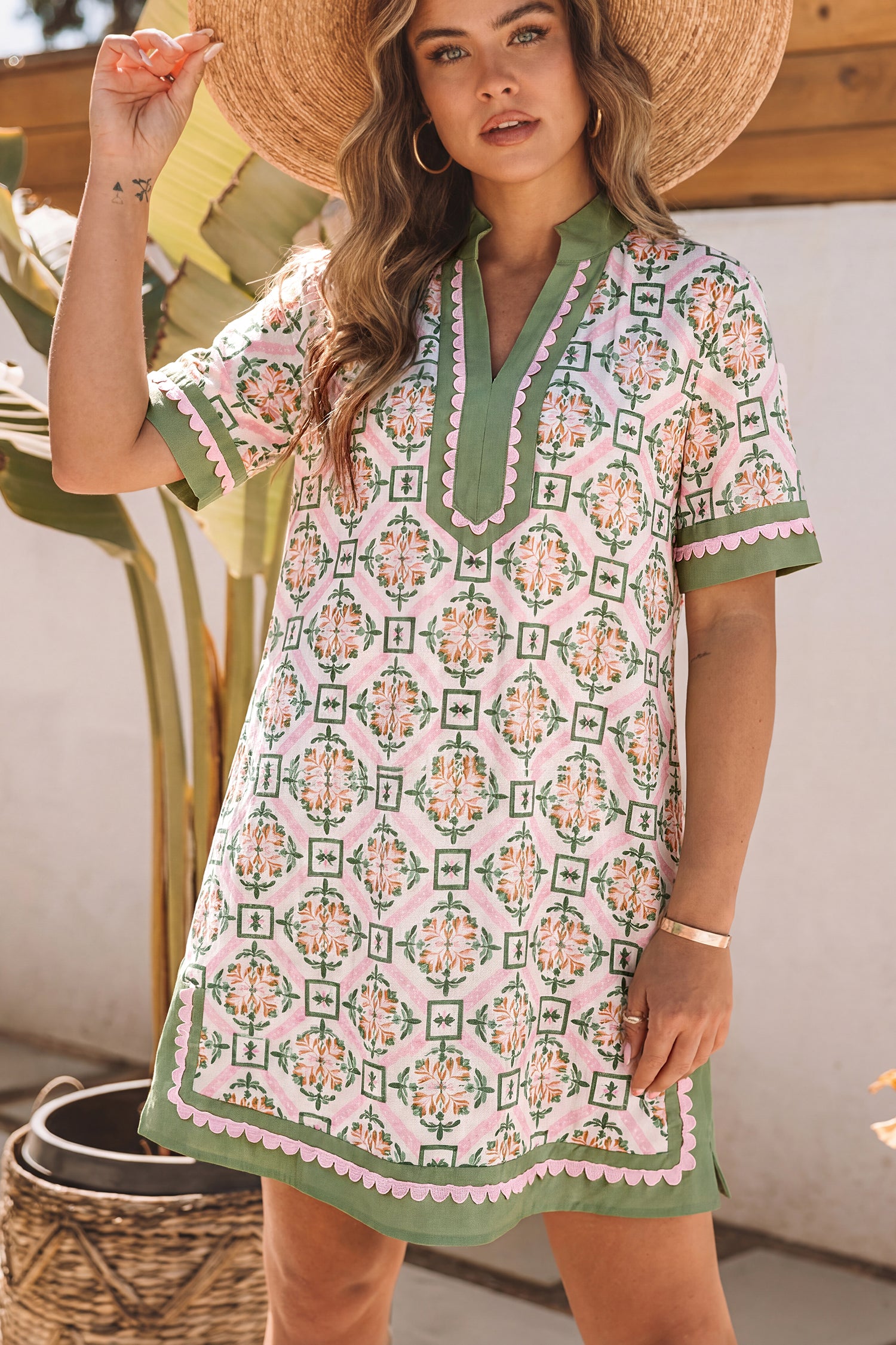 Multicolour Boho Geometric Flower Print Short Sleeve Loose Mini Dress Multicolour / M / 100%Polyester