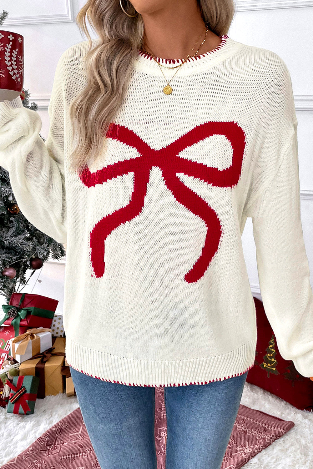 White Bow Pattern Contrast Trim Christmas Loose Graphic Sweater-TOPS / DRESSES-[Adult]-[Female]-2022 Online Blue Zone Planet
