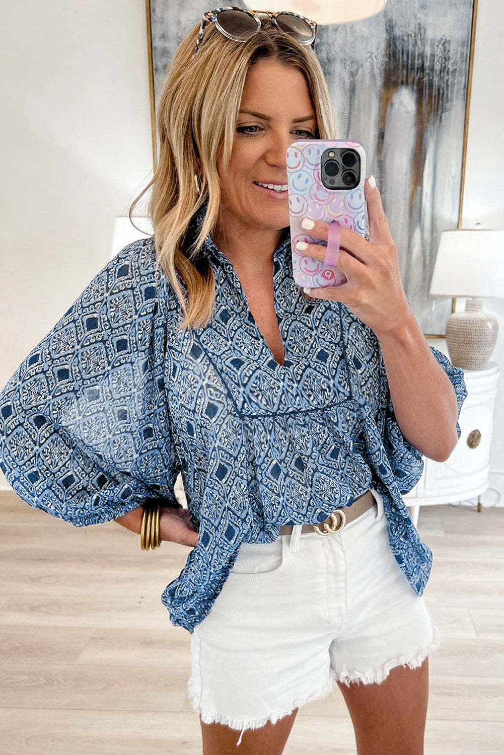 Sky Blue Western Geometric Print Frilled V Neck Loose Fit Blouse-Tops/Blouses & Shirts-[Adult]-[Female]-2022 Online Blue Zone Planet